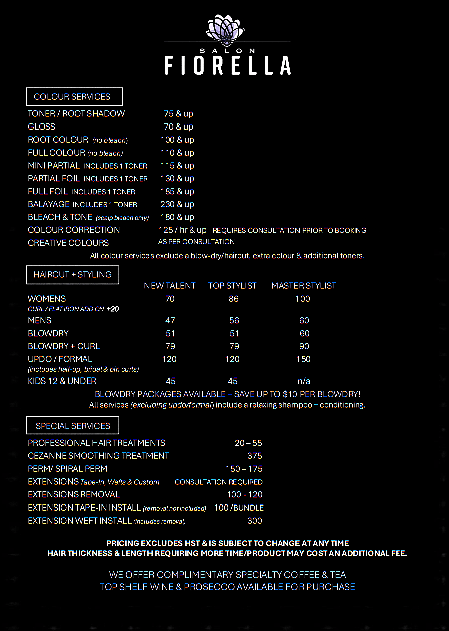 Salon Fiorella service menu — colour services, haircut and styling, and special services with pricing