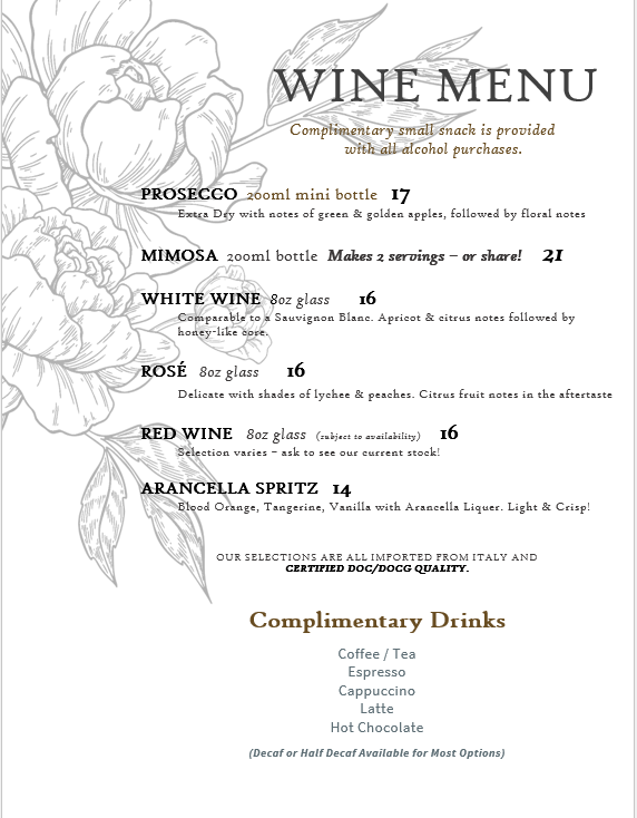Salon Fiorella Wine Menu 2024 — Italian wines, prosecco, and complimentary drinks