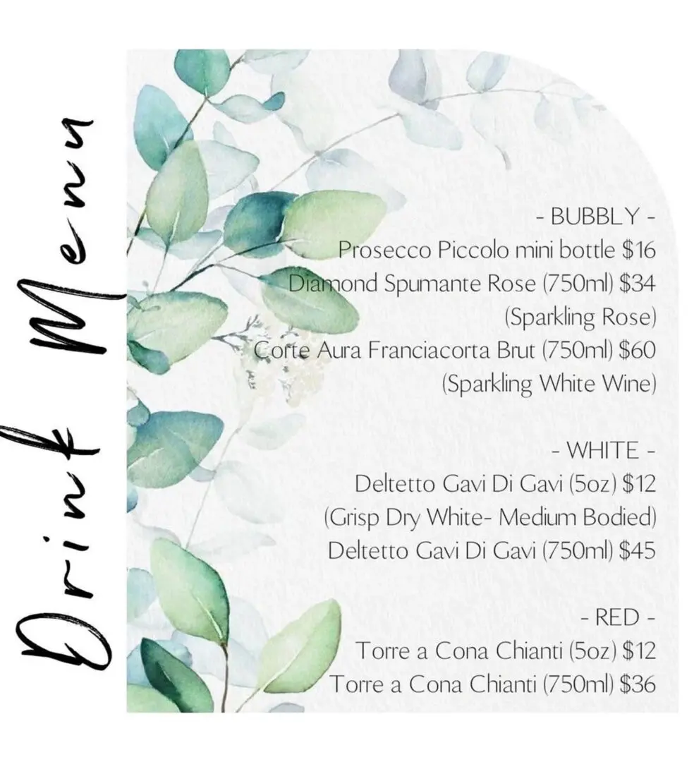 A drink menu with green leaves and white background